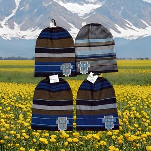 Four Navy Blue Multi Color Striped Winter Knit Reversible Beanie NWT One Size